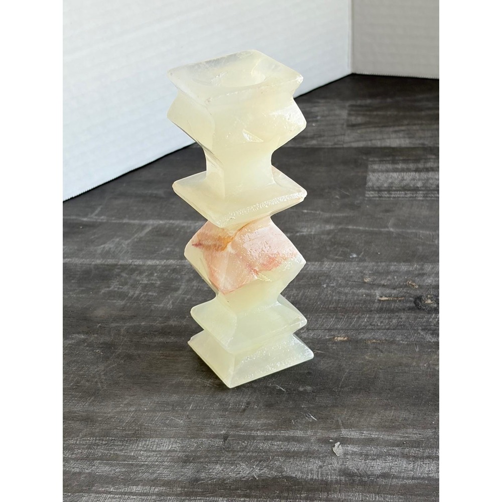 Vintage Hand Carved Onyx Stone Geometric Totem Taper Candlestick Holder Green